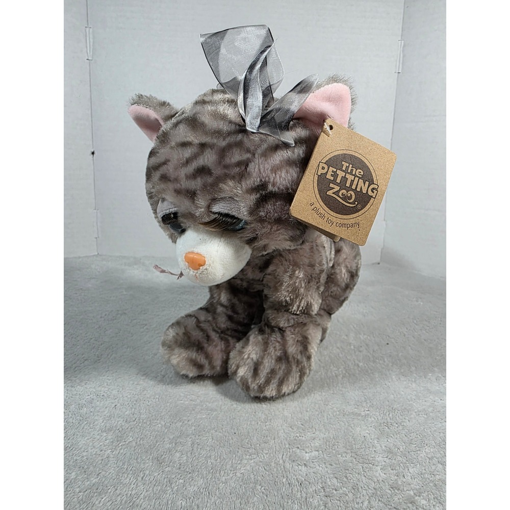 The Petting Zoo Lash'z Grey Tabby Cat Plush Blue Glitter Eyes Lash Bow